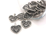 4, 20 or 50 Pieces: Antique Silver Filigree Scroll Heart Charms