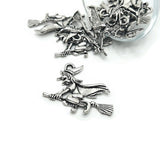 4, 20 or 50 Pieces: Silver Witch on Broom Halloween Charms