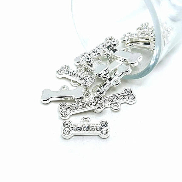 4, 20 or 50 Pieces: Diamond Rhinestones and Silver Dog Bone Charm