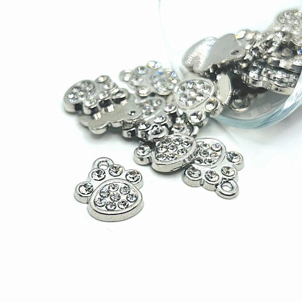 4, 20 or 50 Pieces: Diamond Rhinestones and Silver Dog / Cat Paw Charms