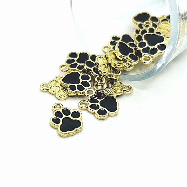 4, 20 or 50 Pieces: Black Enamel and Gold Dog / Cat Paw Print Charms