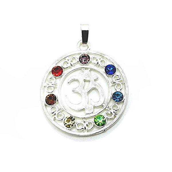 1, 4 or 20 Pieces: Silver Om Pendant with Chakra Rhinestones