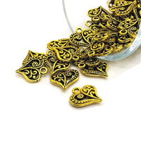 4, 20 or 50 Pieces: Antiqued Gold Scroll Heart Charms