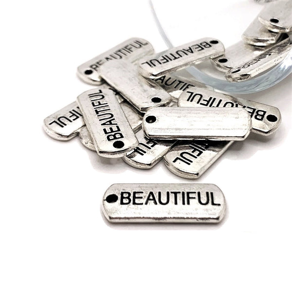 4, 20 or 50 Pieces: Silver Beautiful Word Bar Tag Charms