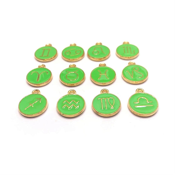 12 or 60 Pieces: Light Green Enamel and Gold Zodiac/Astrology Charms, Double Sided