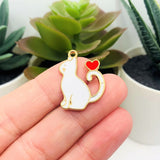 1, 4, 20 or 50 Pieces: White Enamel Cat with Heart Charms