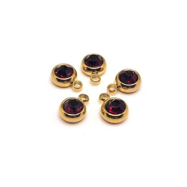 4, 20 or 50 Pieces: 303 Stainless Steel, 18k Gold, Dark Red January Birthstone Rhinestone Charms