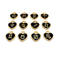 12 or 60 Pieces: Black Enamel and Gold Zodiac/Astrology Heart Charms, Double Sided