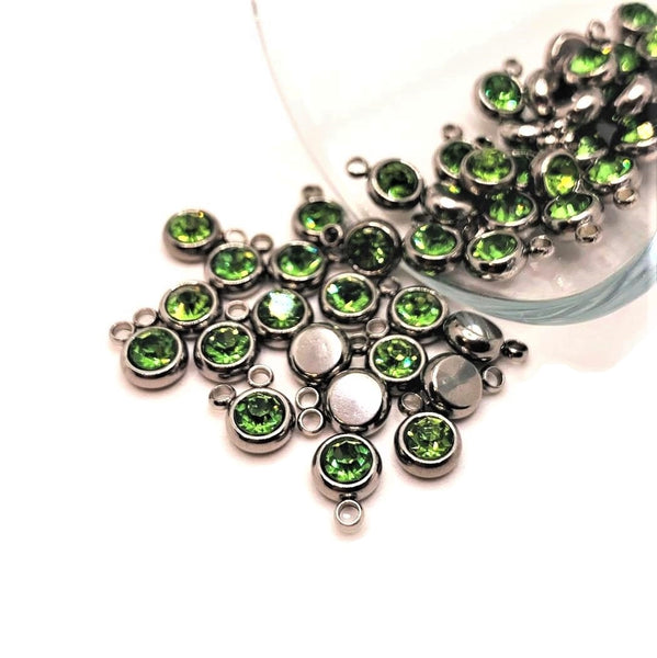 4, 20 or 50 Pieces: 201 Stainless Steel, Light Green Peridot August Birthstone Rhinestone Charms