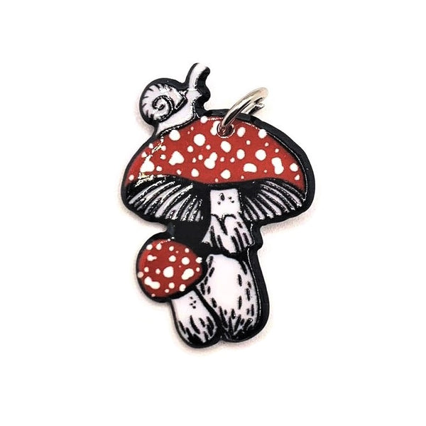 1, 4 or 20 Pieces: Red Mushroom Toadstool with Snail Charms - Double Sided