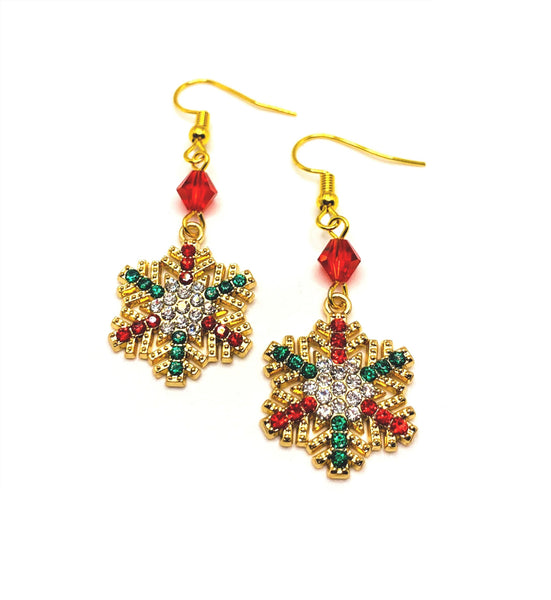 Gold Rhinestone Snowflake Christmas Earrings