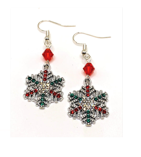 Silver Rhinestone Snowflake Christmas Earrings