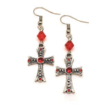 Red Rhinestone Gothic Cross Earrings