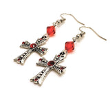 Red Rhinestone Gothic Cross Earrings