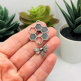 4 or 20 Pieces: Silver Honeycomb Charms with Hanging Bee