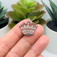 4, 20 or 50 Pieces: Pink and Silver Rhinestone Crown Charms