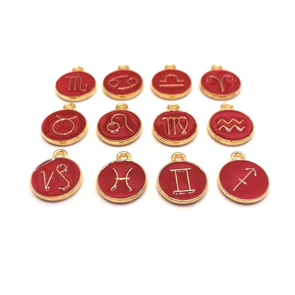 12 or 60 Pieces: Red Enamel and Gold Zodiac/Astrology Charms, Double Sided