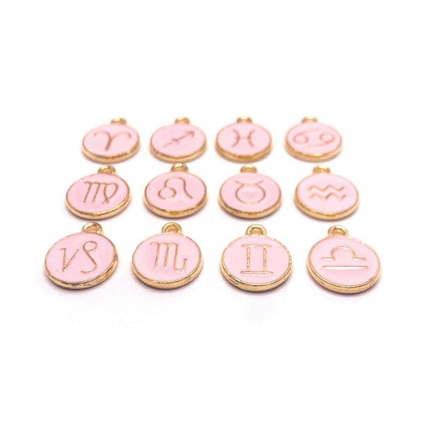 12 or 60 Pieces: Light Pink Enamel and Gold Zodiac/Astrology Charms, Double Sided