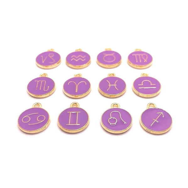 12 or 60 Pieces: Purple Enamel and Gold Zodiac/Astrology Charms, Double Sided